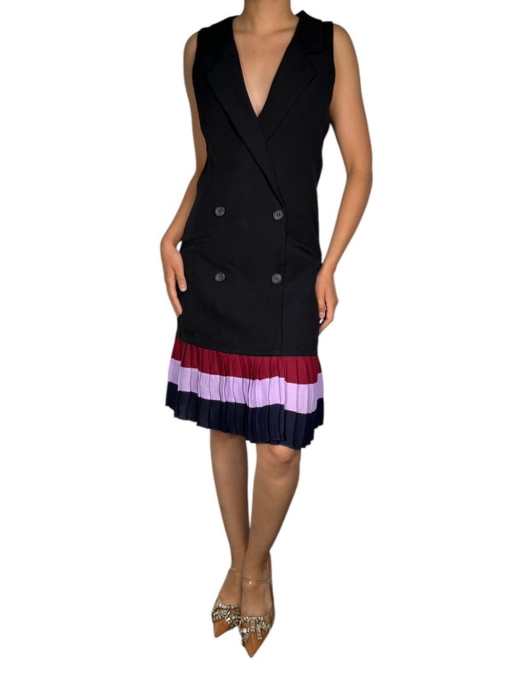 Endless Rose sleeveless blazer dress in black with a colorful pleated hem. 